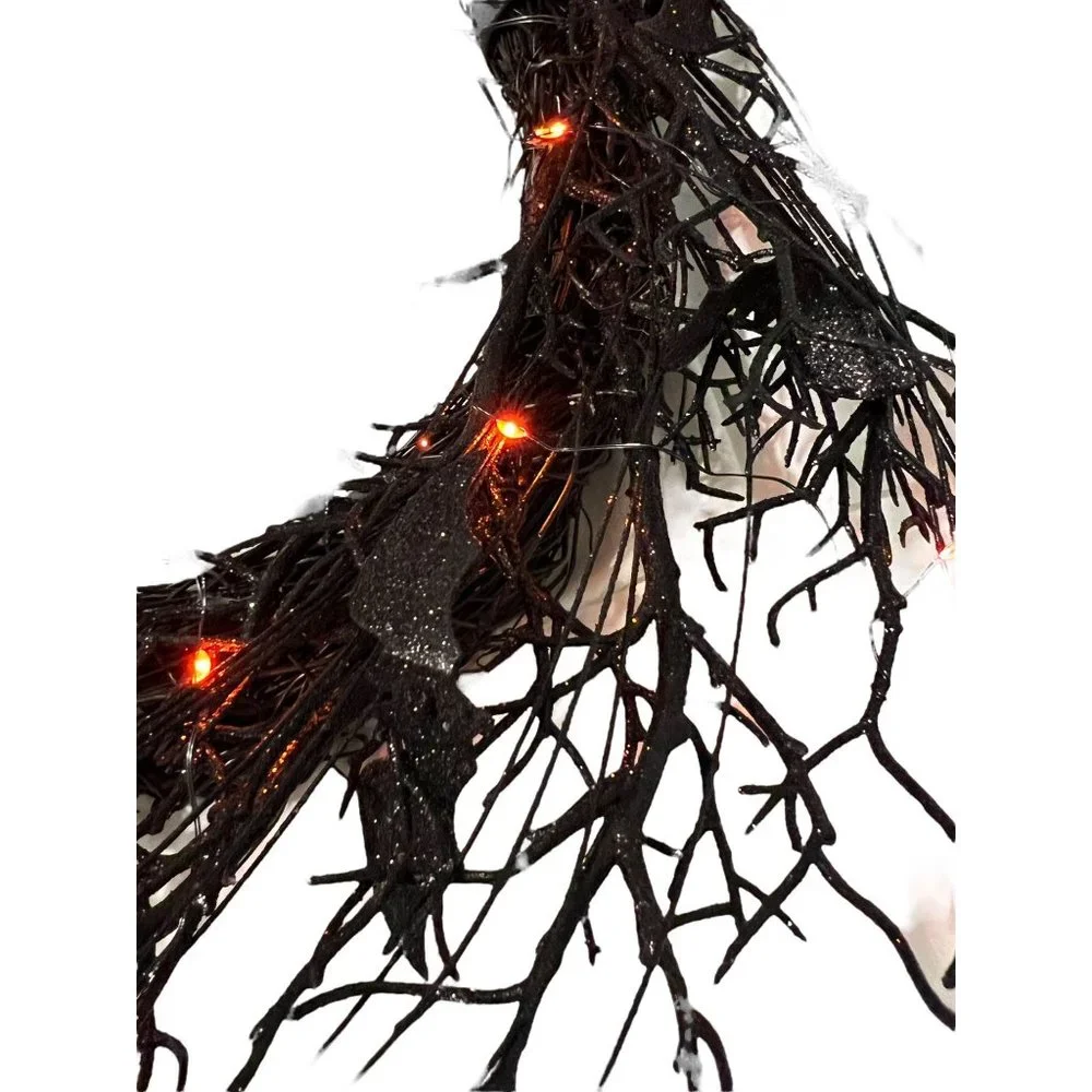 Halloween Black Grapevine Wreath Bats Orange Lights 18